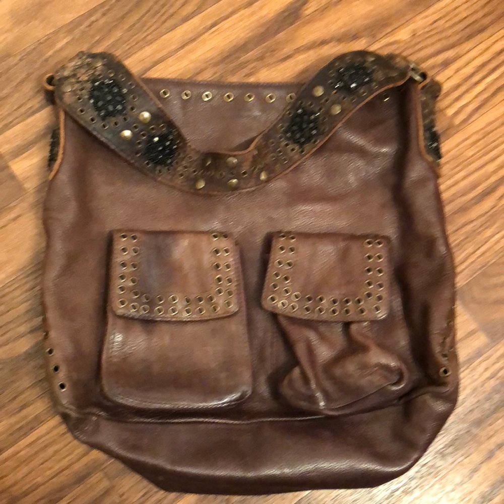 Betsey Johnson Brown Studded Leather Shoulder Bag